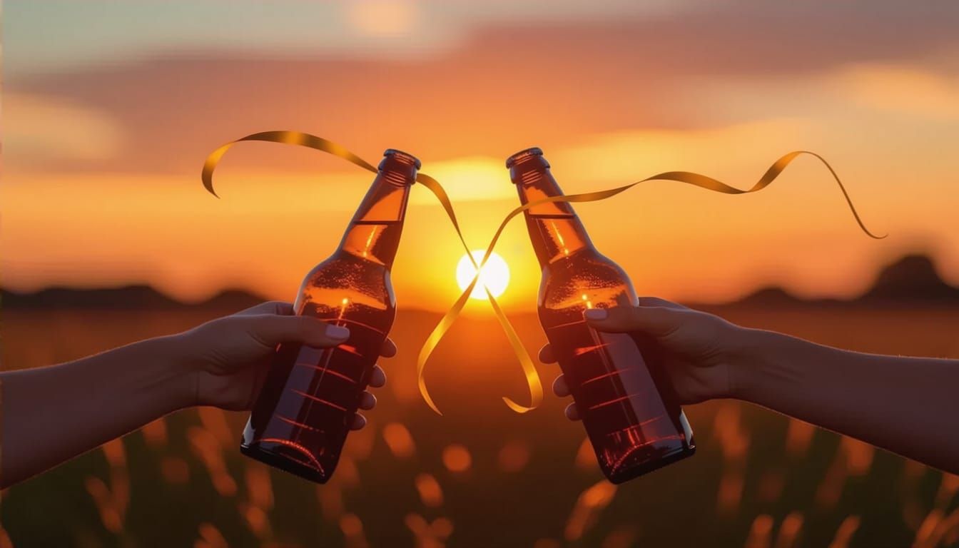 Beer Bottles Collide, Forming Golden Bow Silhouette