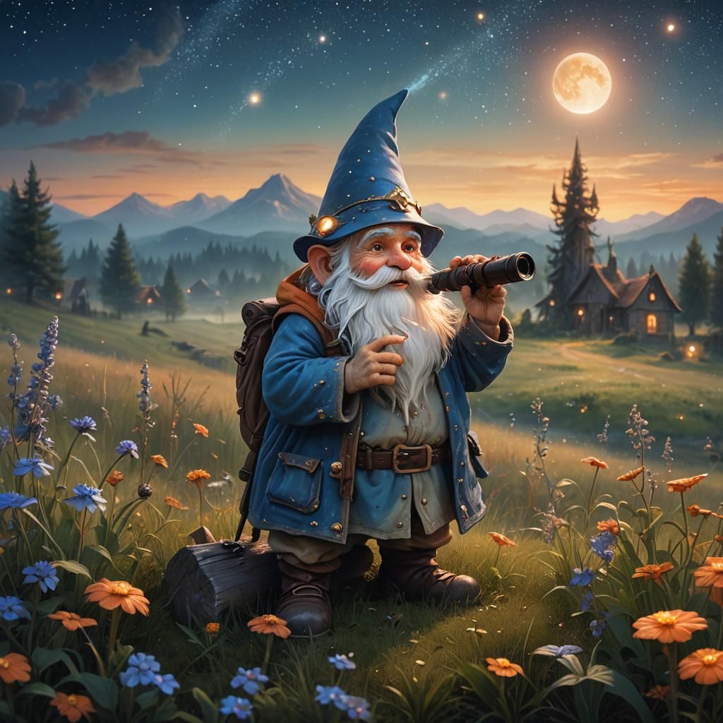 Gnome Gazing at Stars in Ethereal Meadow