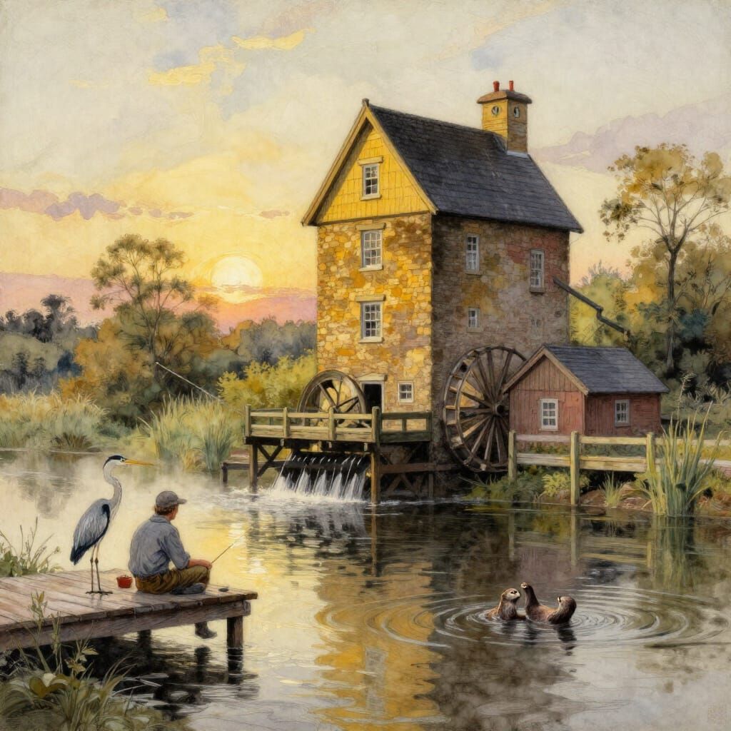 Summer Sunset Mill House with Fisherman and Wildlife