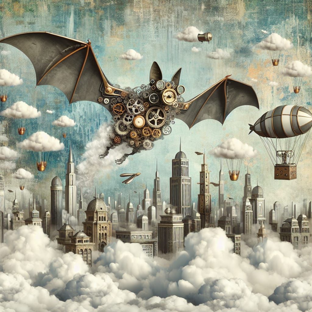 Steampunk Bat Soaring Over Cloud City