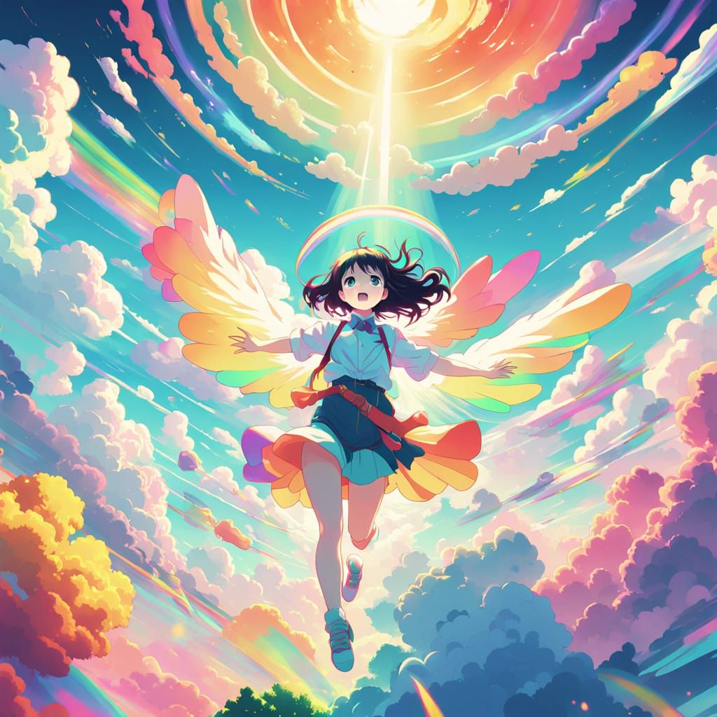 Girl in Vibrant Anime Style Flying Through Rainbow-Colored S...