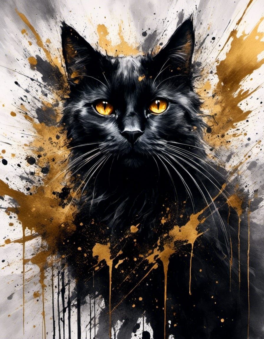 Black Cat with Golden Eyes in Watercolor Style