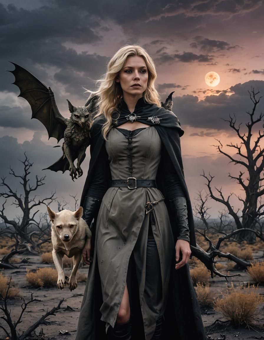 Witch and Gargoyle in Desolate Wasteland: Fantasy Art