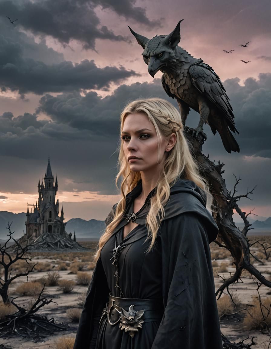 Blonde Witch and Gargoyle in Desolate Wasteland
