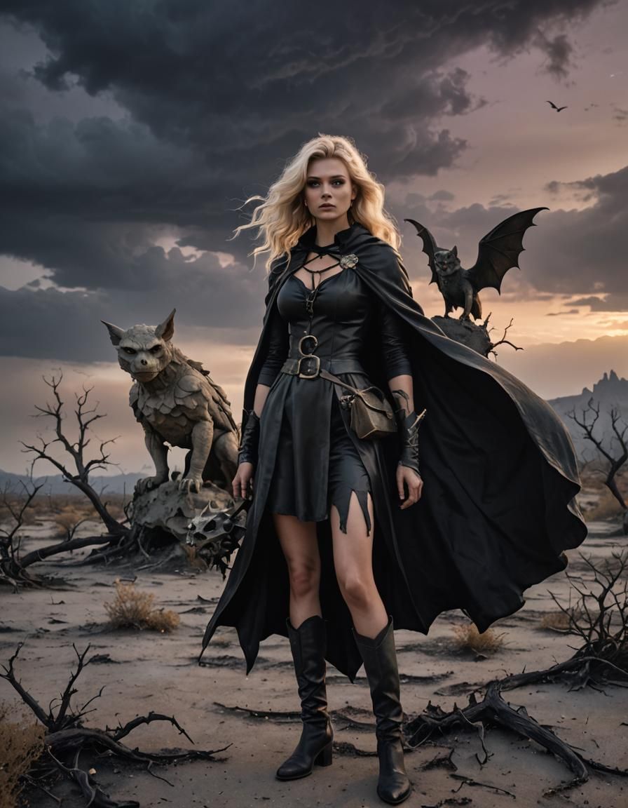 Blonde Witch in Wasteland with Gargoyle, Fantasy Art