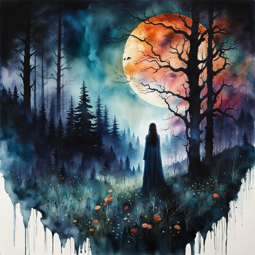 Melancholic Woman in Midnight Meadow Watercolor