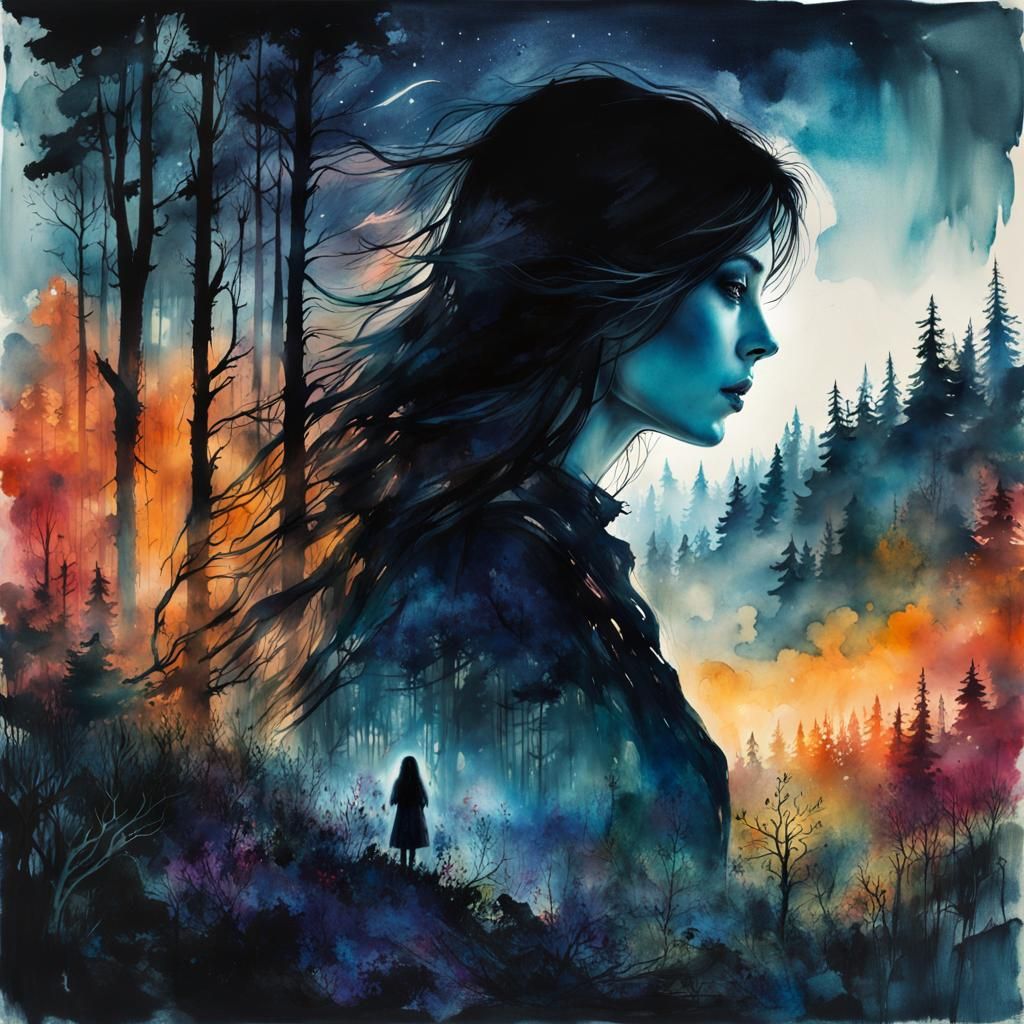 Melancholic Woman in Midnight Meadow Watercolor