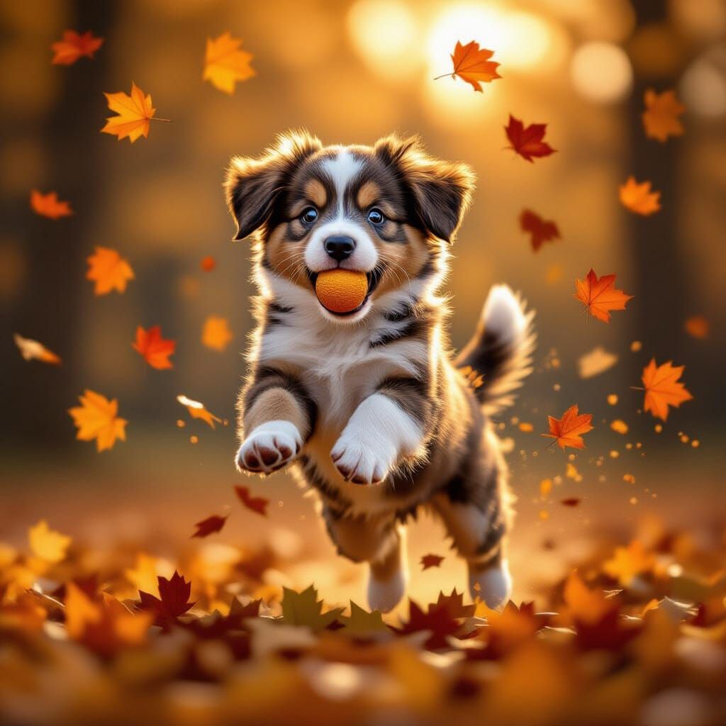 Adorable Puppy Mid-Jump Catching Ball in Autumn Leaves