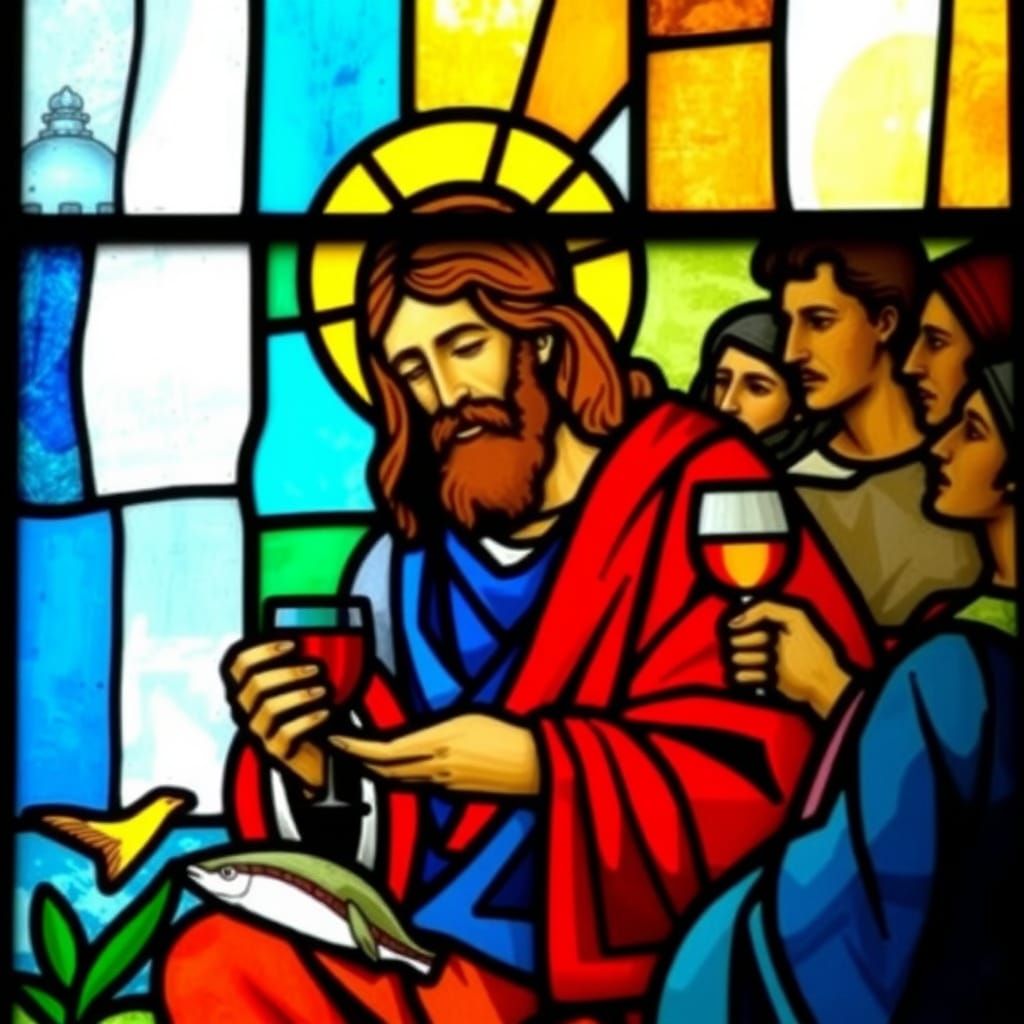 Stained Glass Jesus Feeds Multitude with Fish and Wine