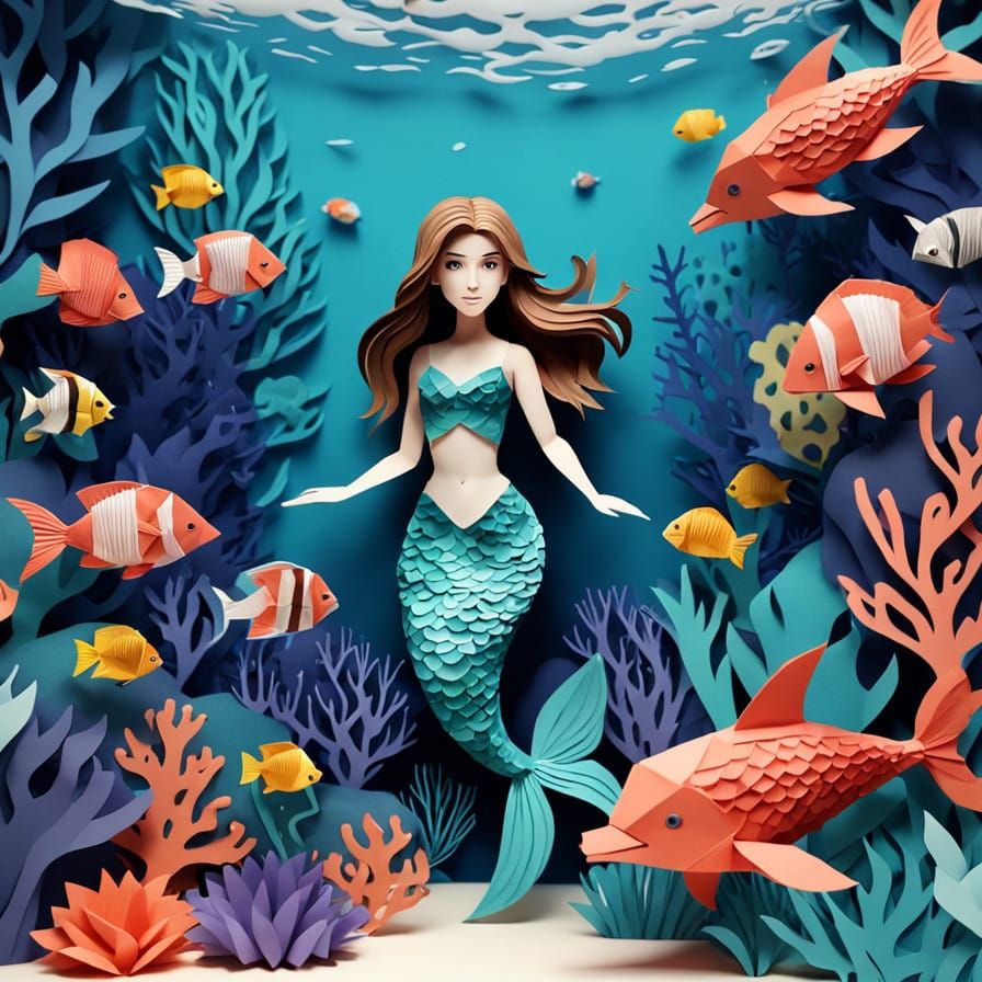 Kirigami Mermaid in Vibrant Coral Reef