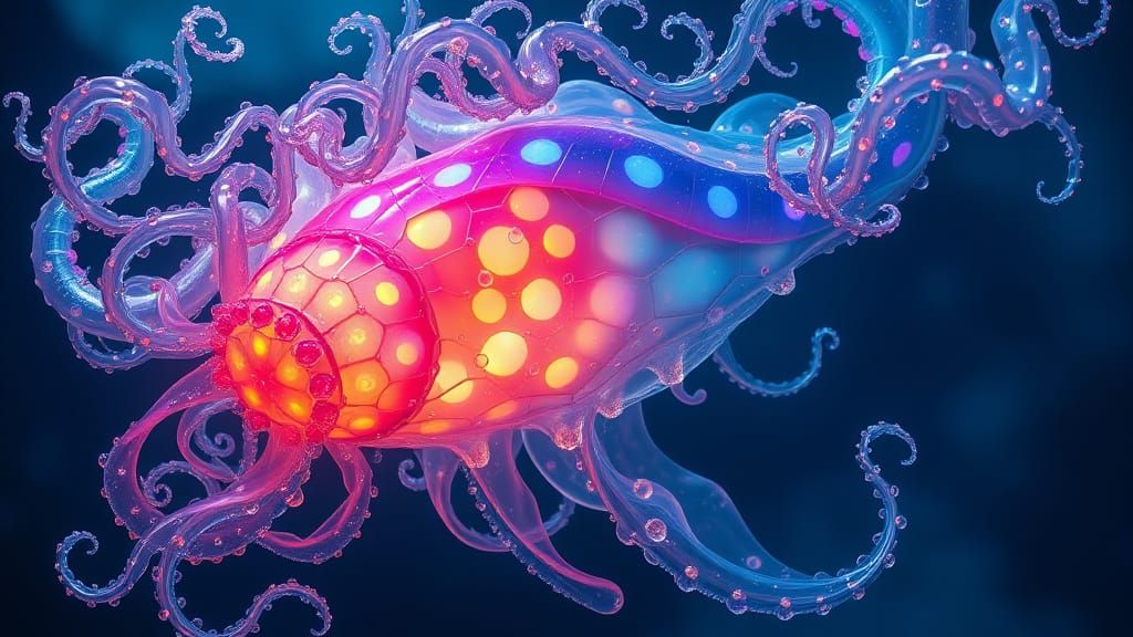 Surreal Deep-Sea Alien with Iridescent Tendrils and Glowing ...