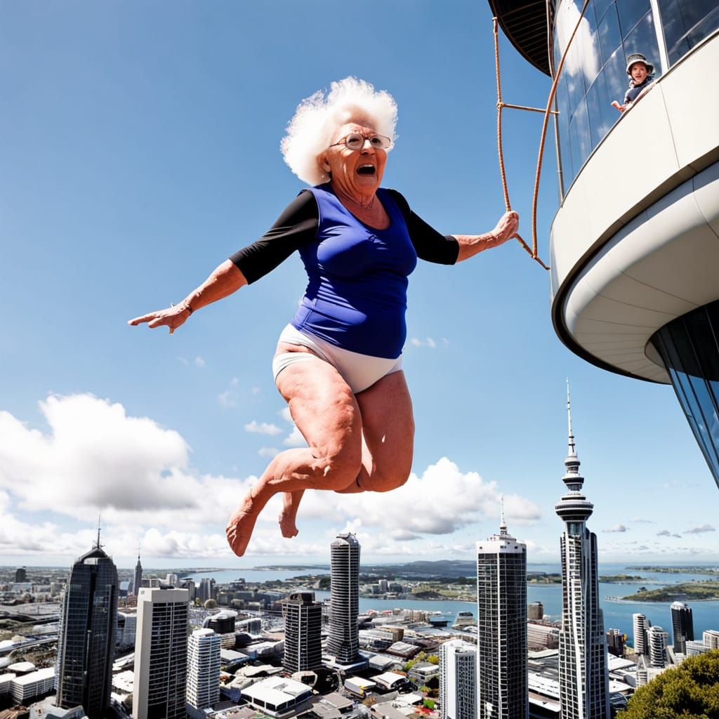 Grandma Bungee Jumps Off Sky Tower in Story Book Style