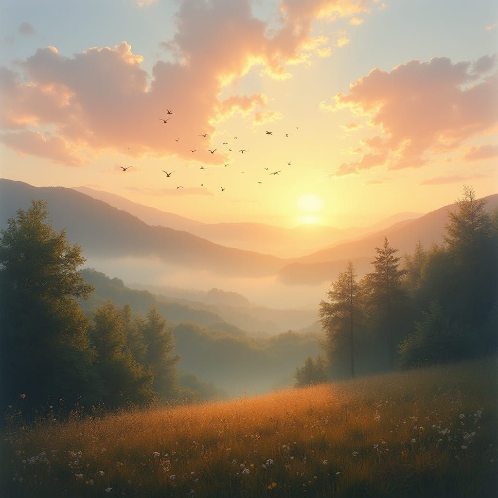 Soft Sunrise Glow over Rolling Hills in Dreamy Style