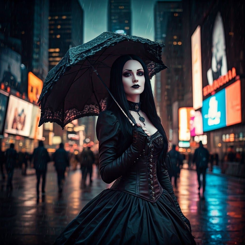 Hyperphotorealistic Goth Death in Rainy New York Times Squar...