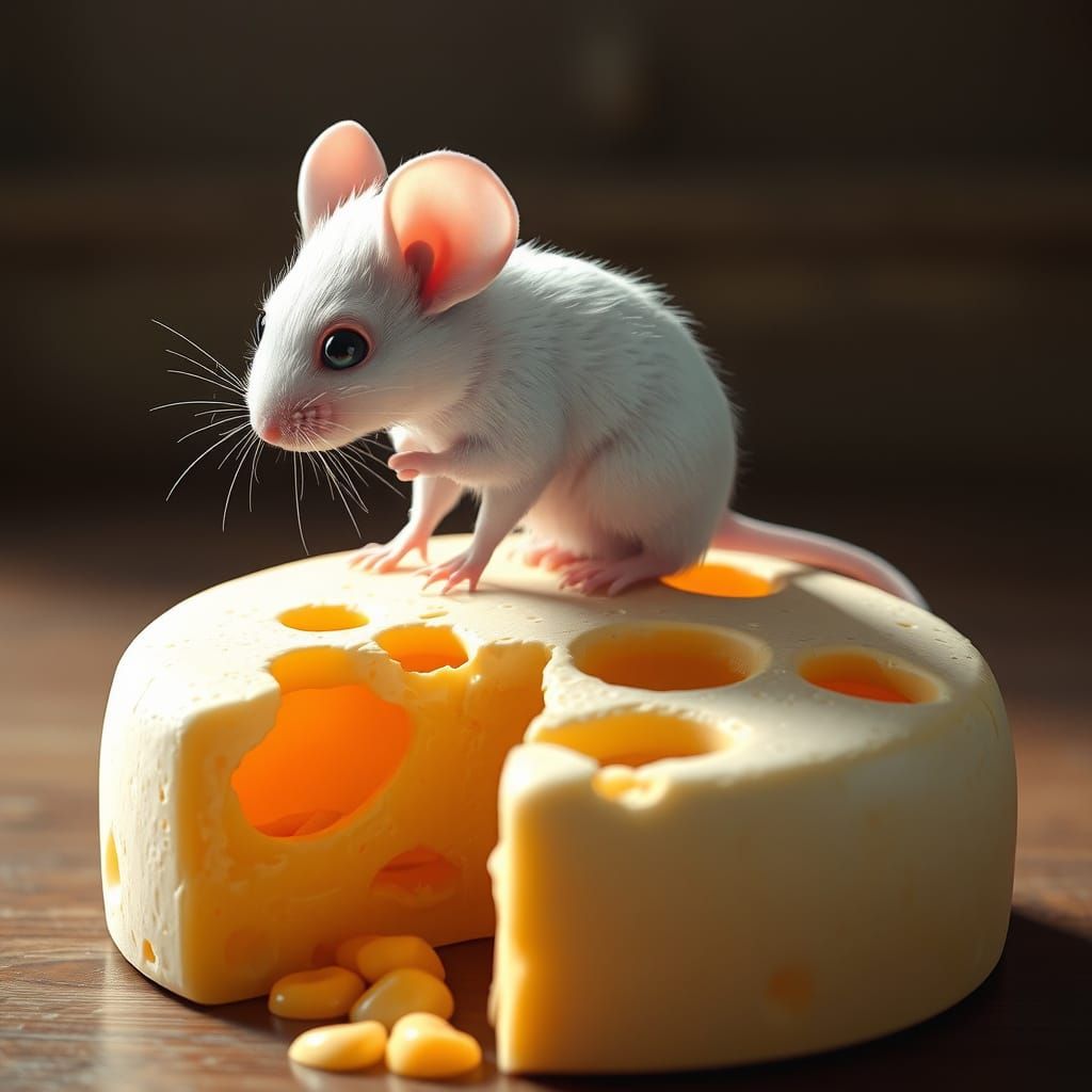 Surreal White Mouse Sits on Intricate Swiss Cheese, HDR, 3D ...