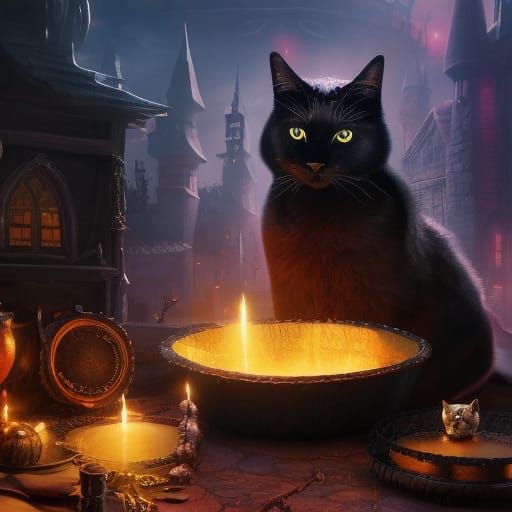 Black Cat in Witch's Lair: Fantasy Art
