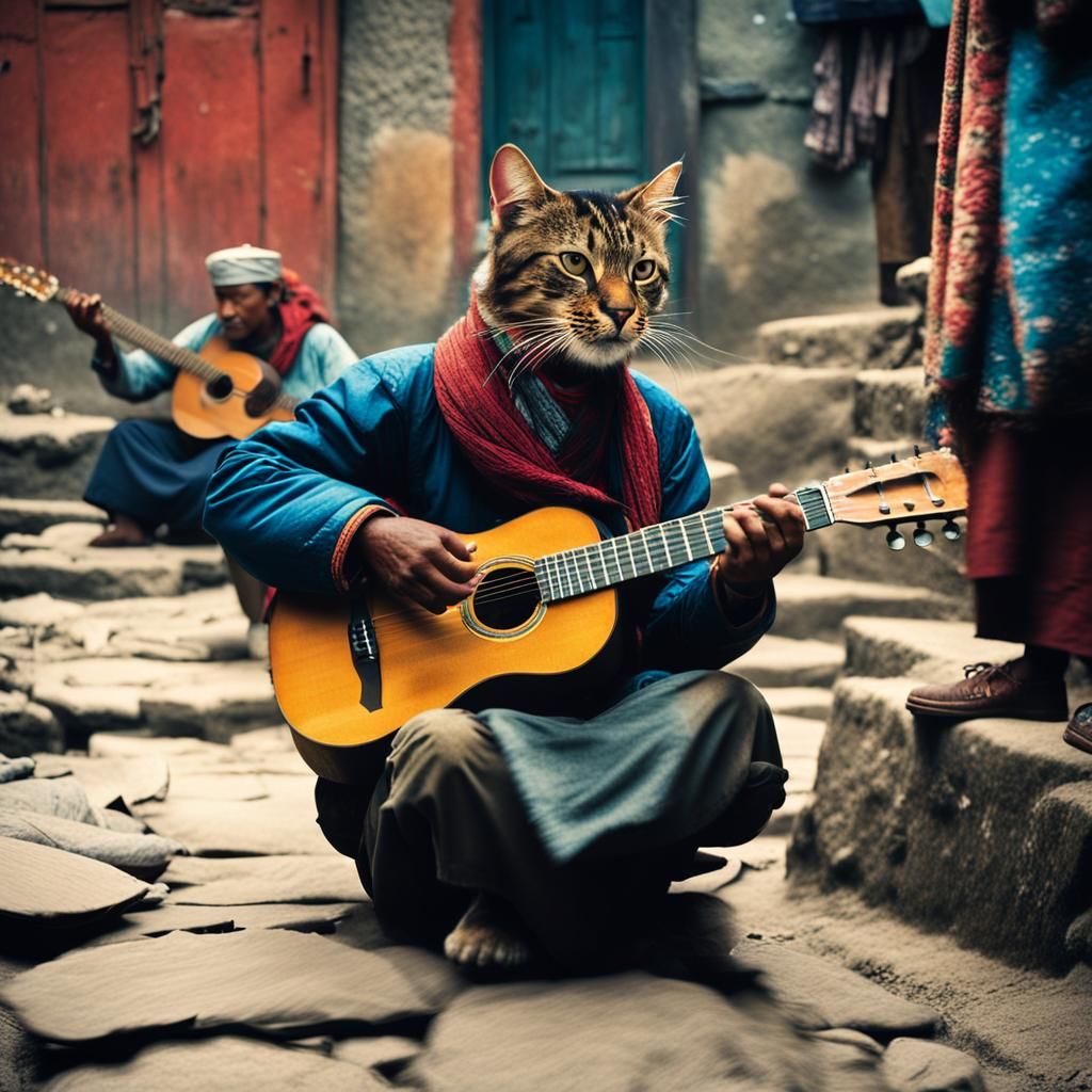 Cat Guitarist Rocks Nepal: Cinematic Film Still