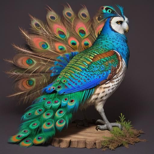 A skeptical owl tries on an array of strangely-colored peacock feathers.