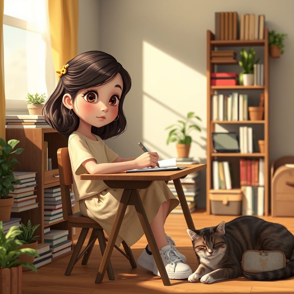 Pixar-Style Digital Render of Focused Girl at Desk