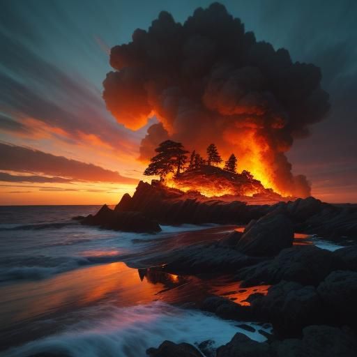 Coastal Bonfire Reflected in Window at Dusk