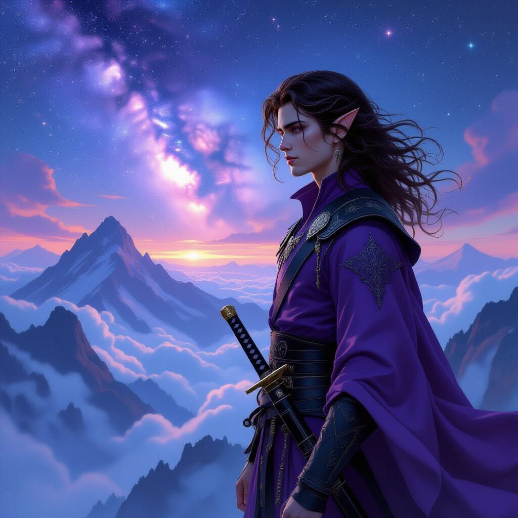 Fae Warrior Overlooking Nebula in Royal Attire