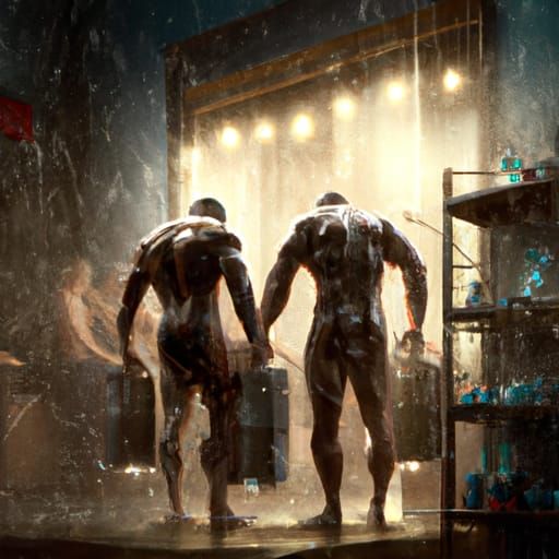 Bodybuilders in Gym Shower: Dark Fantasy Concept Art