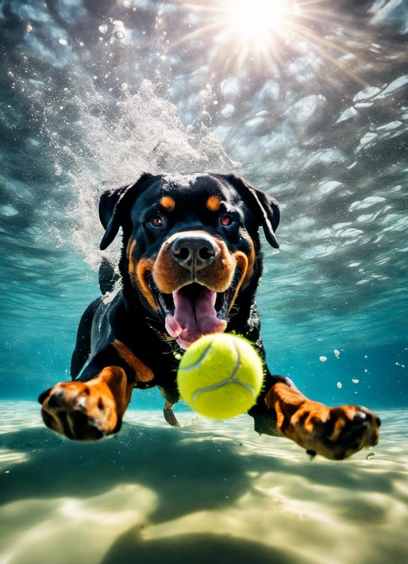 Rottweiler swimming for a ball