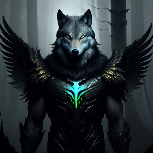 Winged Wolf with Six-Pack in Misty Forest