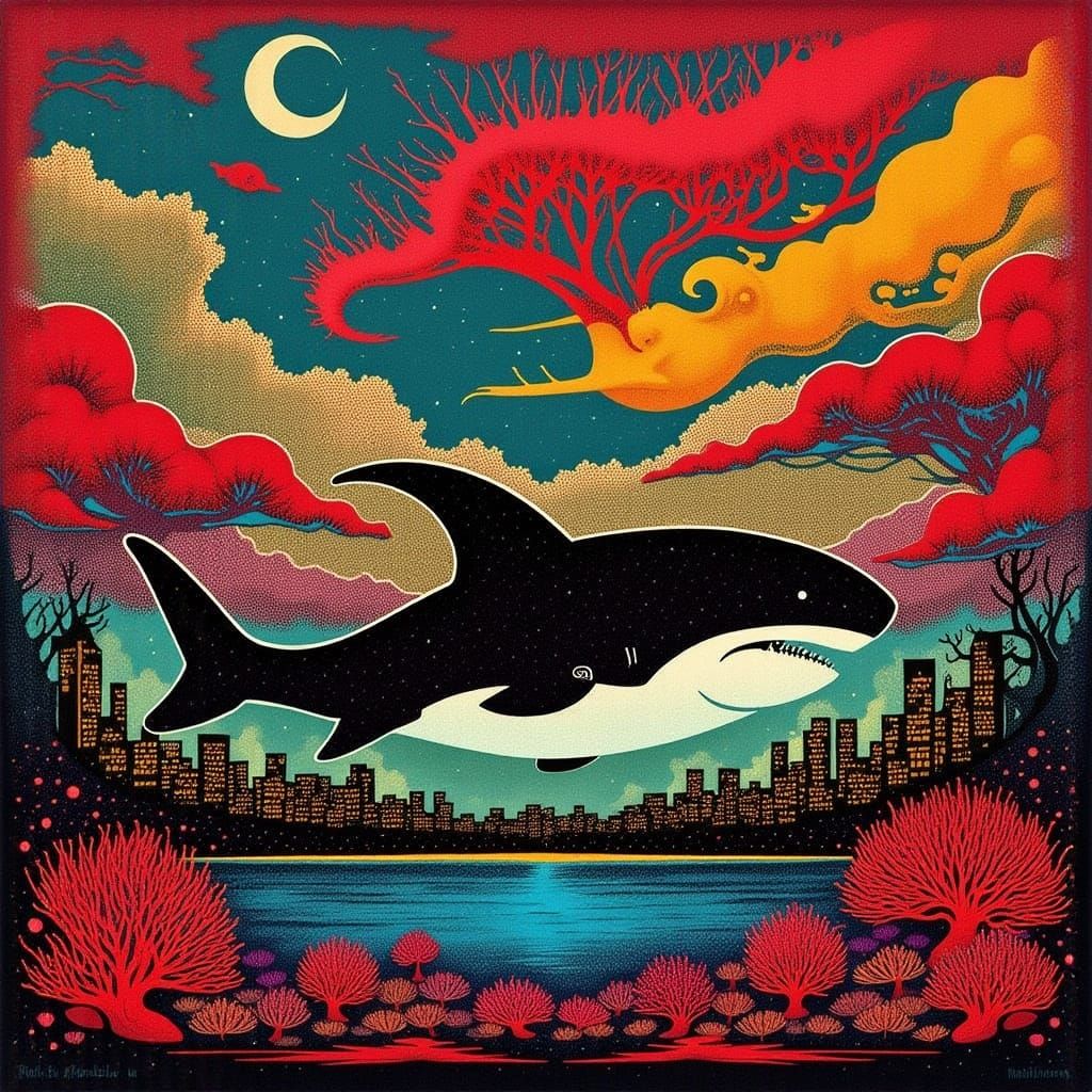Stylized Shark Swims Through Abstract Cityscape in Pop Art S...