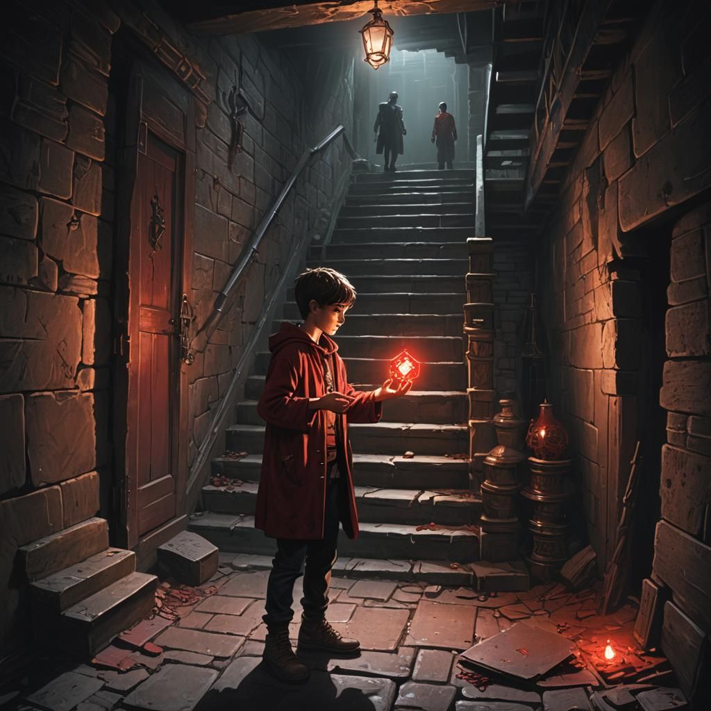 Boy Reaching for Cursed Amulet in Dark Fantasy Art