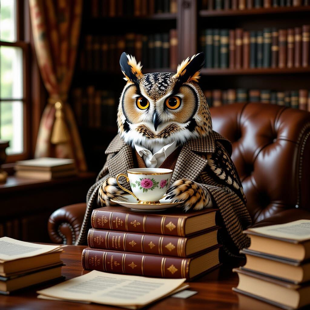 A Wise Owl Sipping Tea in Cozy Study