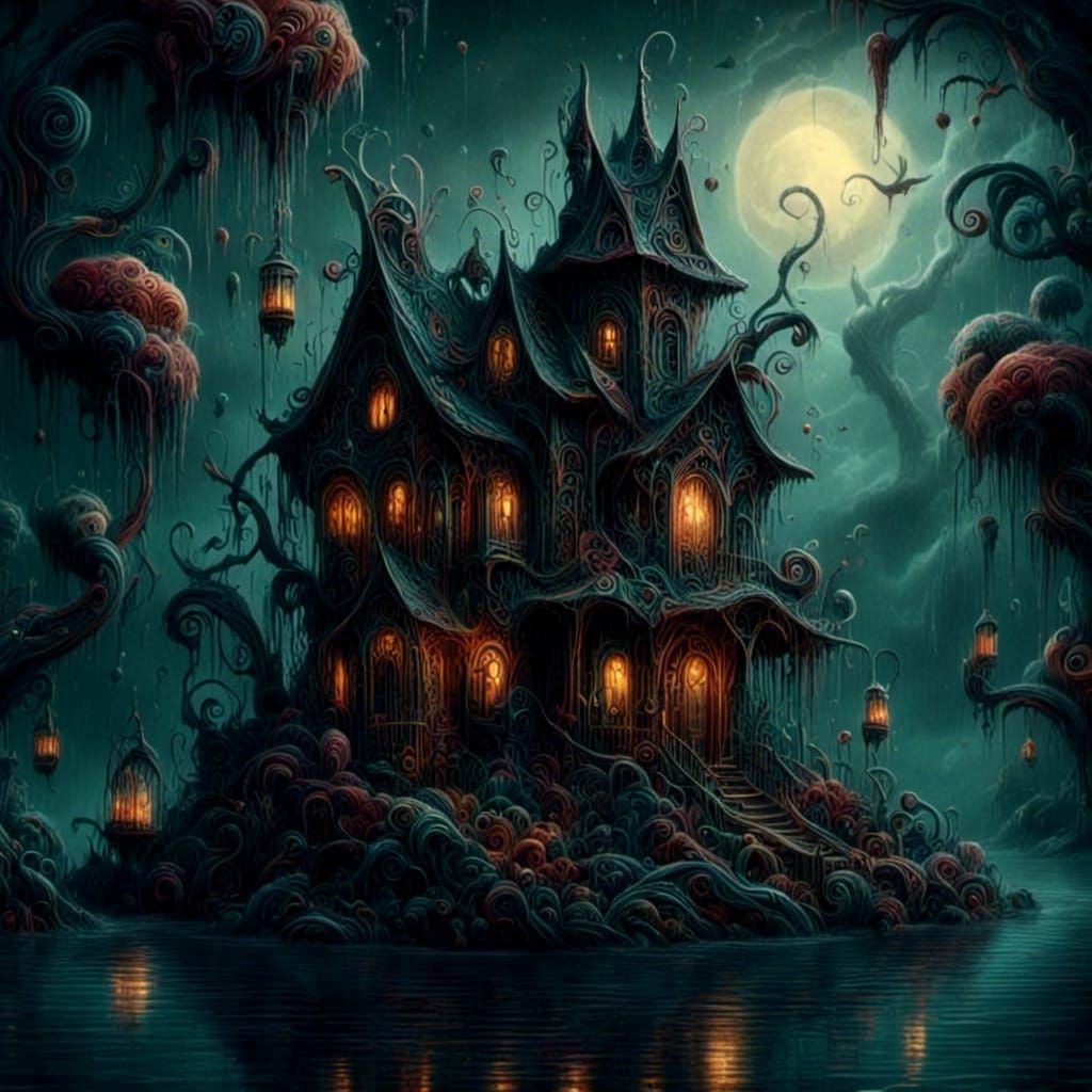 Dark Whimsical House on Island in Deep Lake