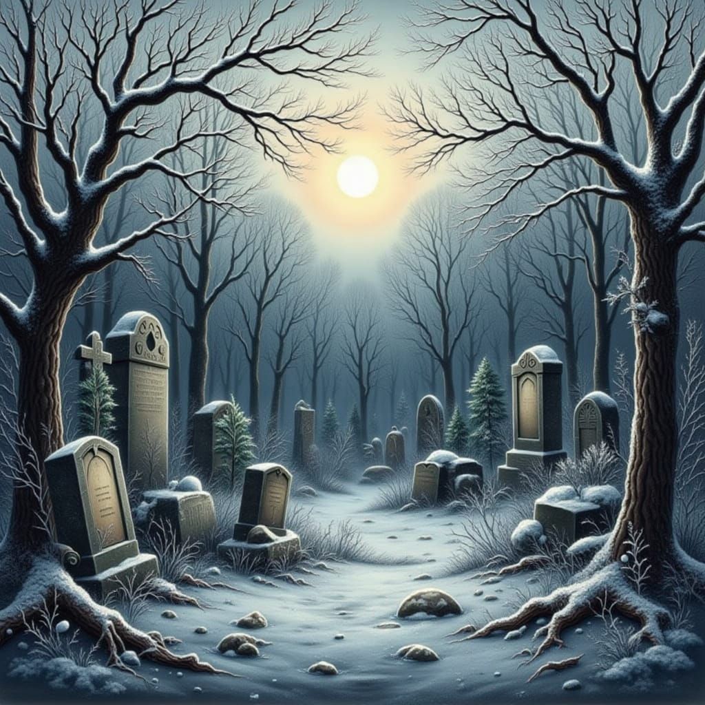 Snowy Graveyard in Impressionistic Winter Style