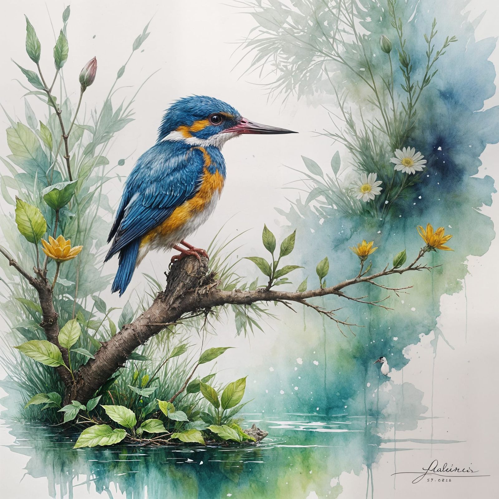 Whimsical Lilypond Kingfisher in Watercolour Style