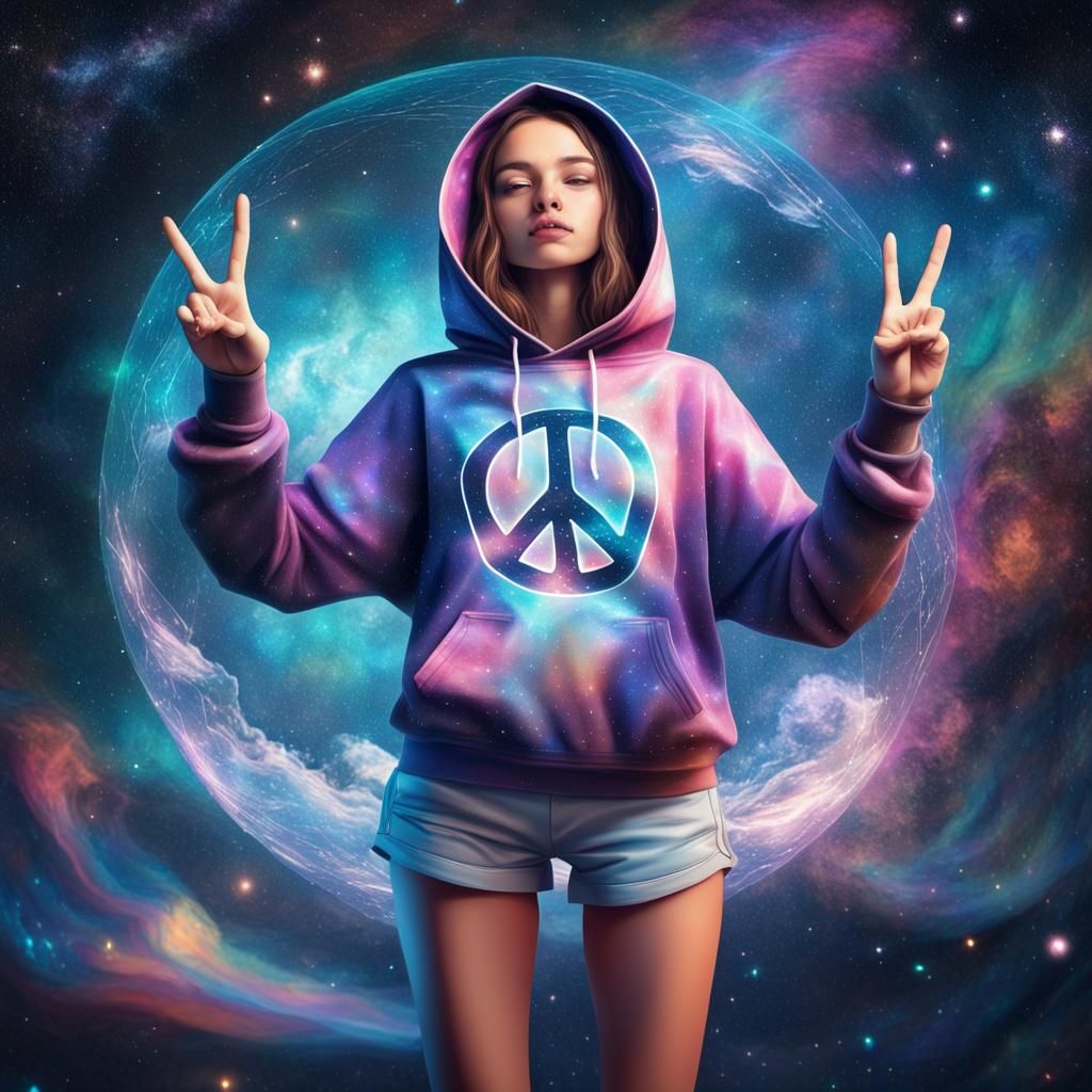 Girl Making Peace Sign in Outer Space