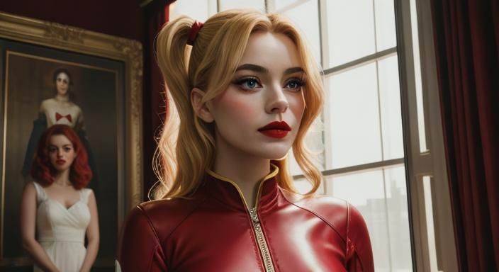 Woman in Red Dress with Intense Stare