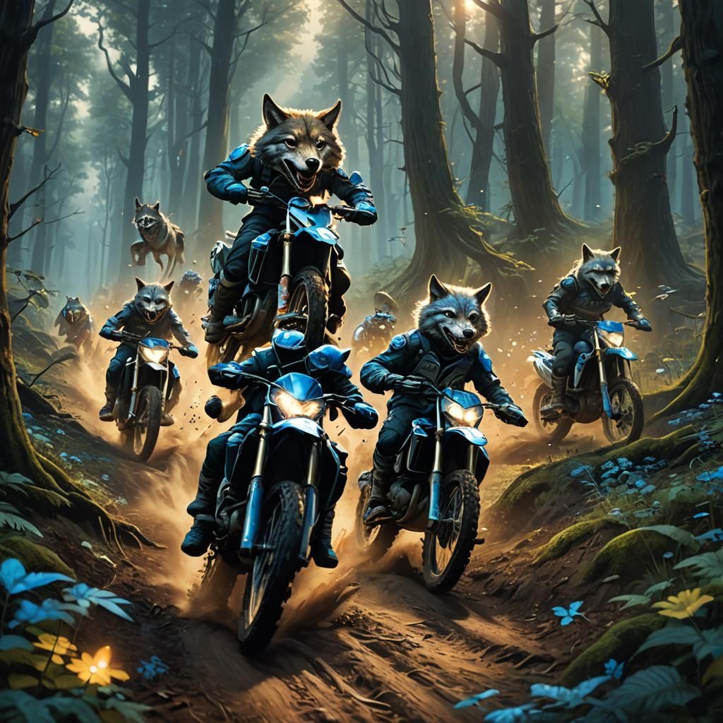 Dirtbikes and Wolves in Dark Fantasy Forest