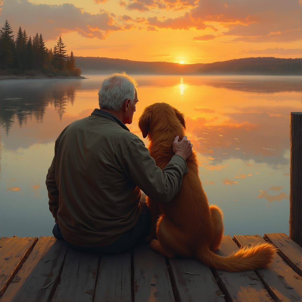 Elderly Man and Dog at Sunset: Realist Painting