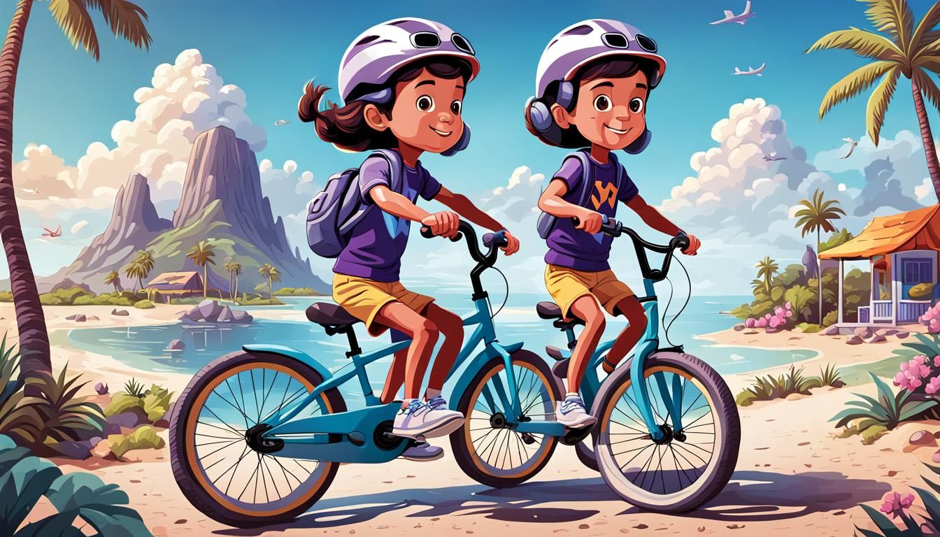 Wonder Twins Vacation Bike Ride Cartoon Illustration
