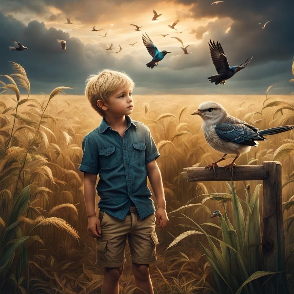 Boy Holds Bird in Wheatfield: Digital Matte Painting