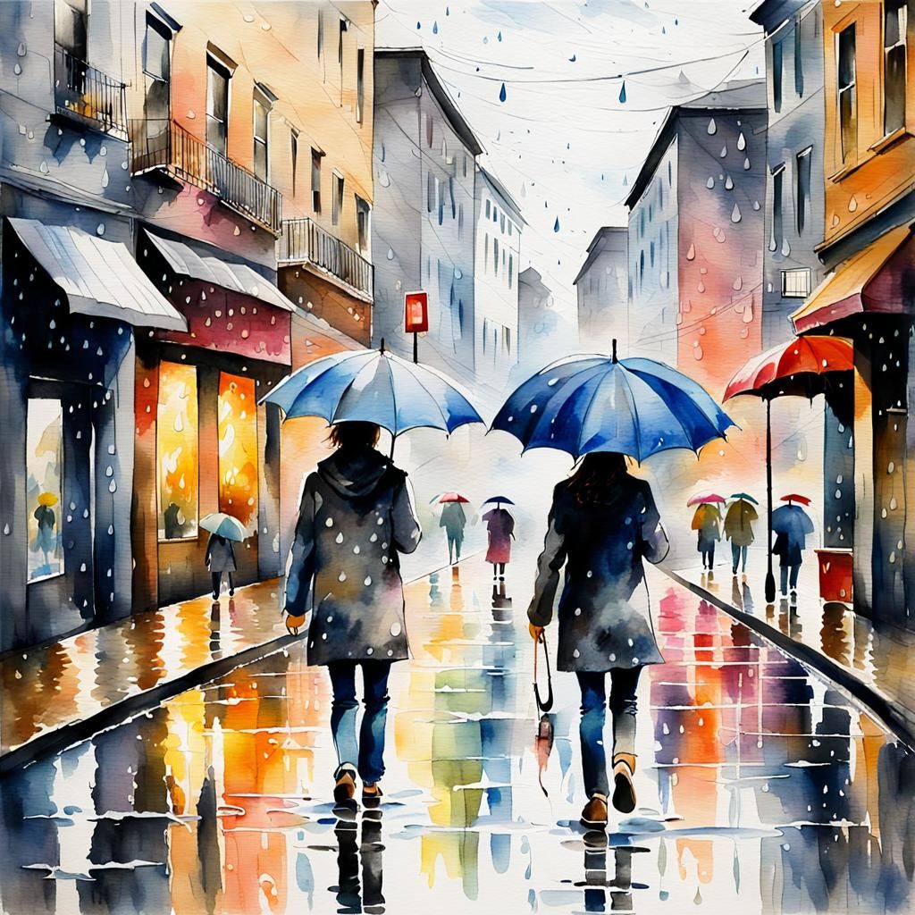 Impressionist Watercolor Street Scene in the Rain
