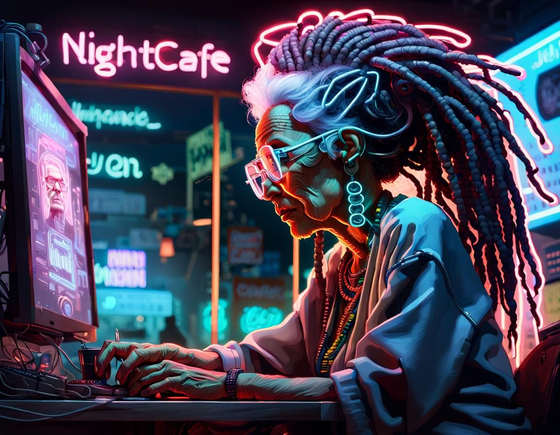Cyberpunk Granny with Dreads and Neon Sign