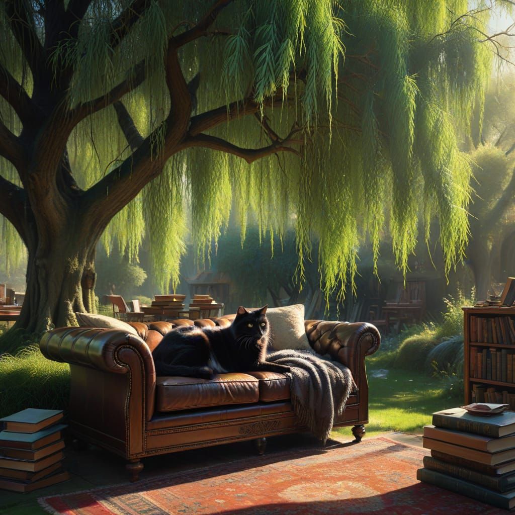 Magical Willow Library with Cat on Fainting Couch