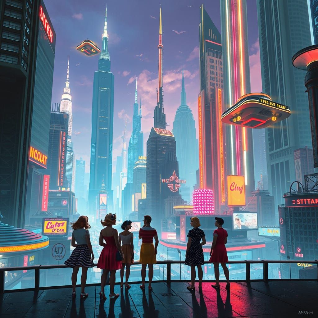 People Marvel at Futuristic Cityscape in Retro Attire