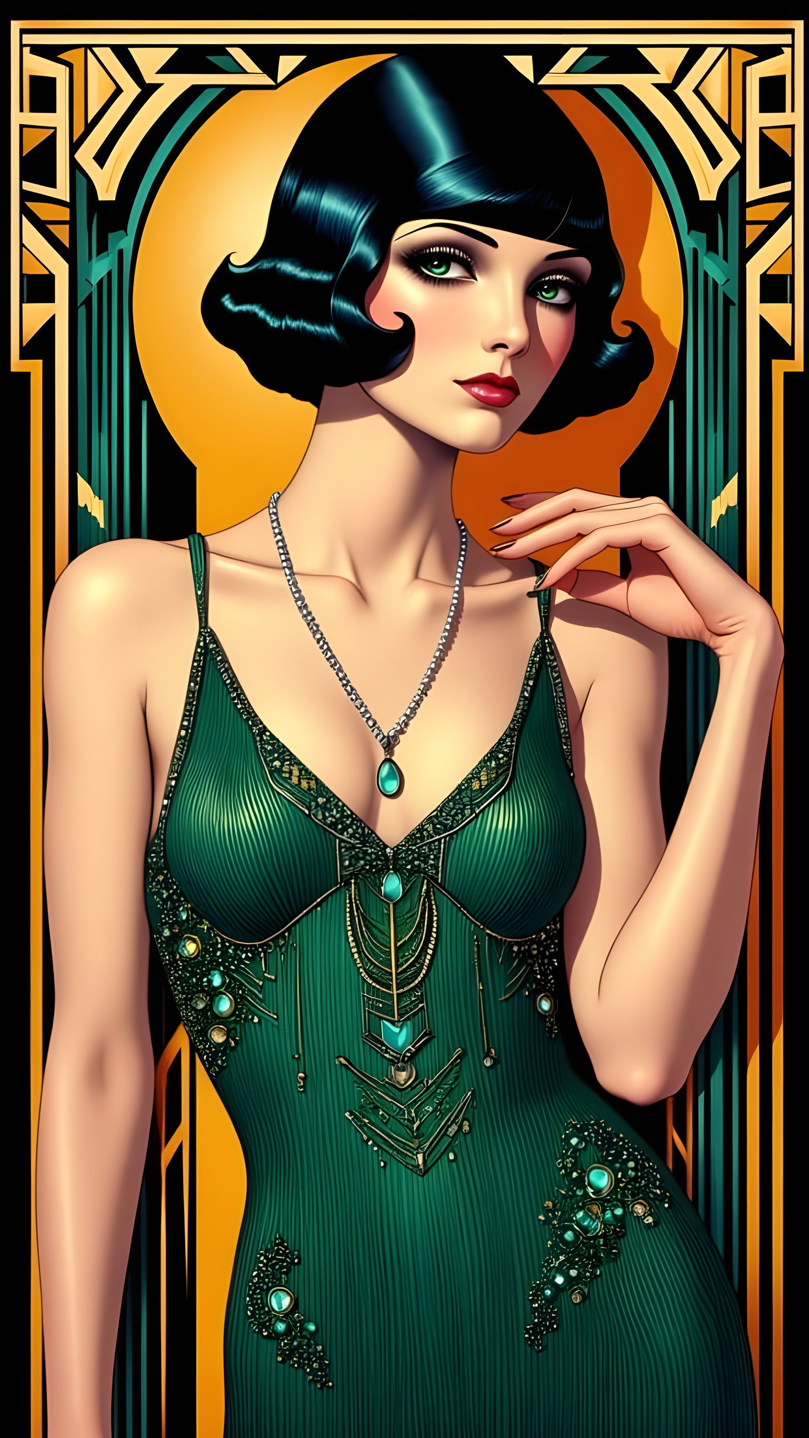 Elegant Art Deco Lady in Emerald Green