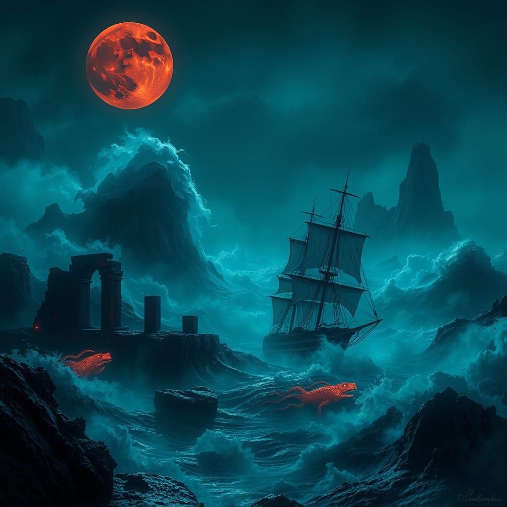 Stormy Lunar Sea with Bioluminescent Creatures