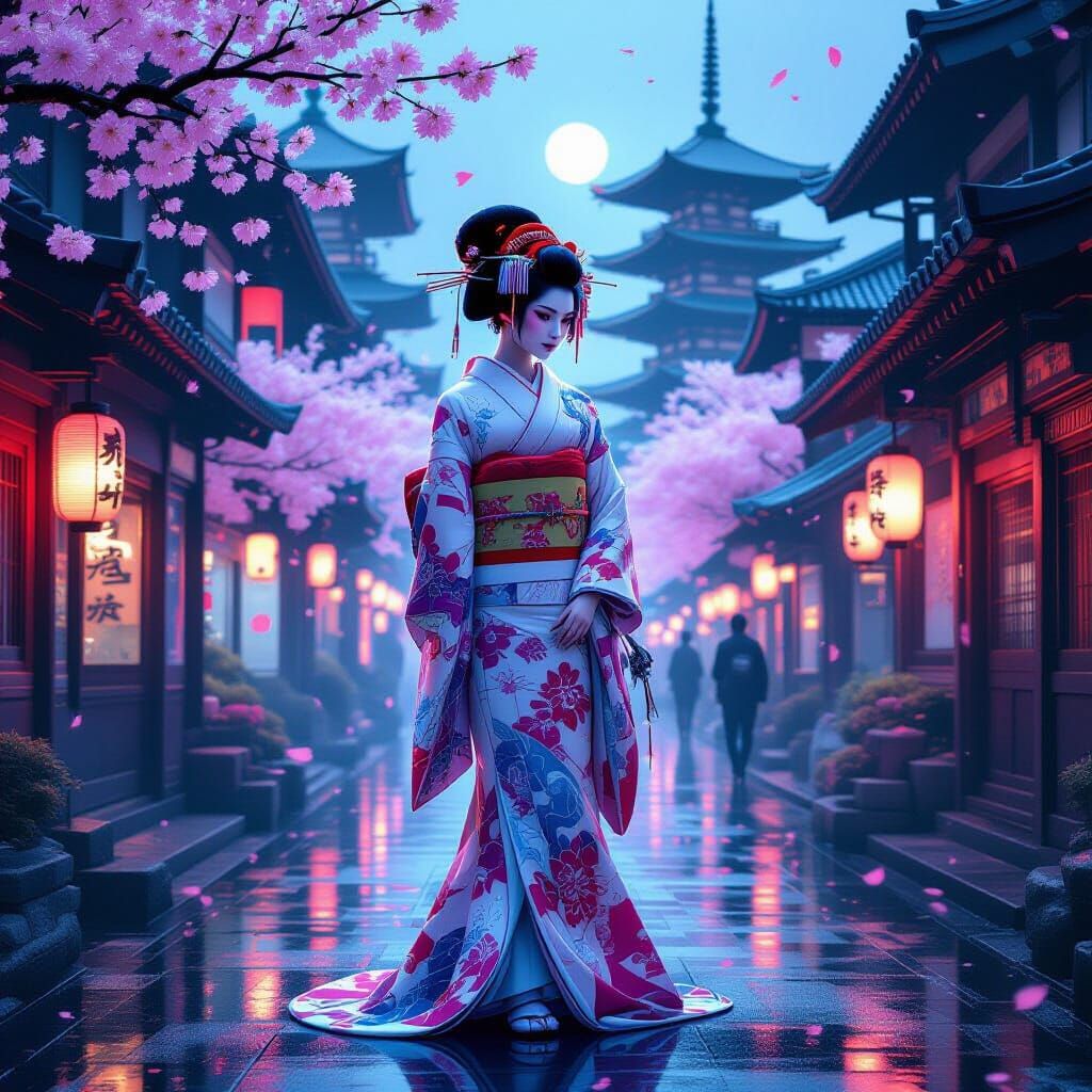 Cyberpunk Geisha in Neon Tokyo Marketplace