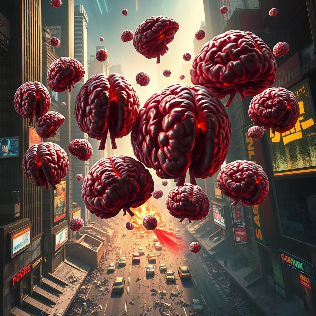 Brains Swirling Above Distorted Sci-Fi Metropolis
