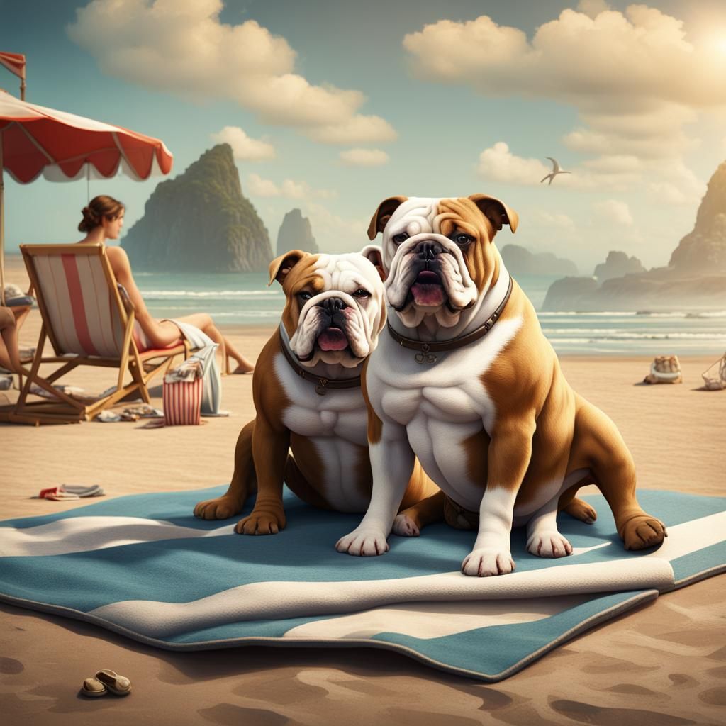 Retro Beach Scene with Couple and Bulldog