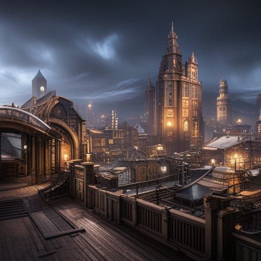 Steampunk City in Detailed Matte Painting Style